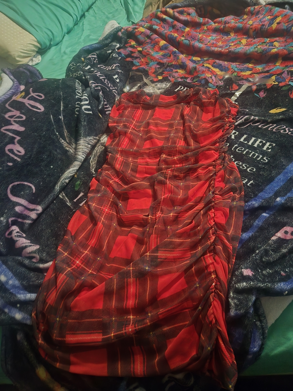 Red Plaid Ruched Mini Dress Women